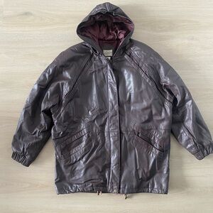 Men's Vintage Dark Brown Hooded Genuine Leather Jacket Size L